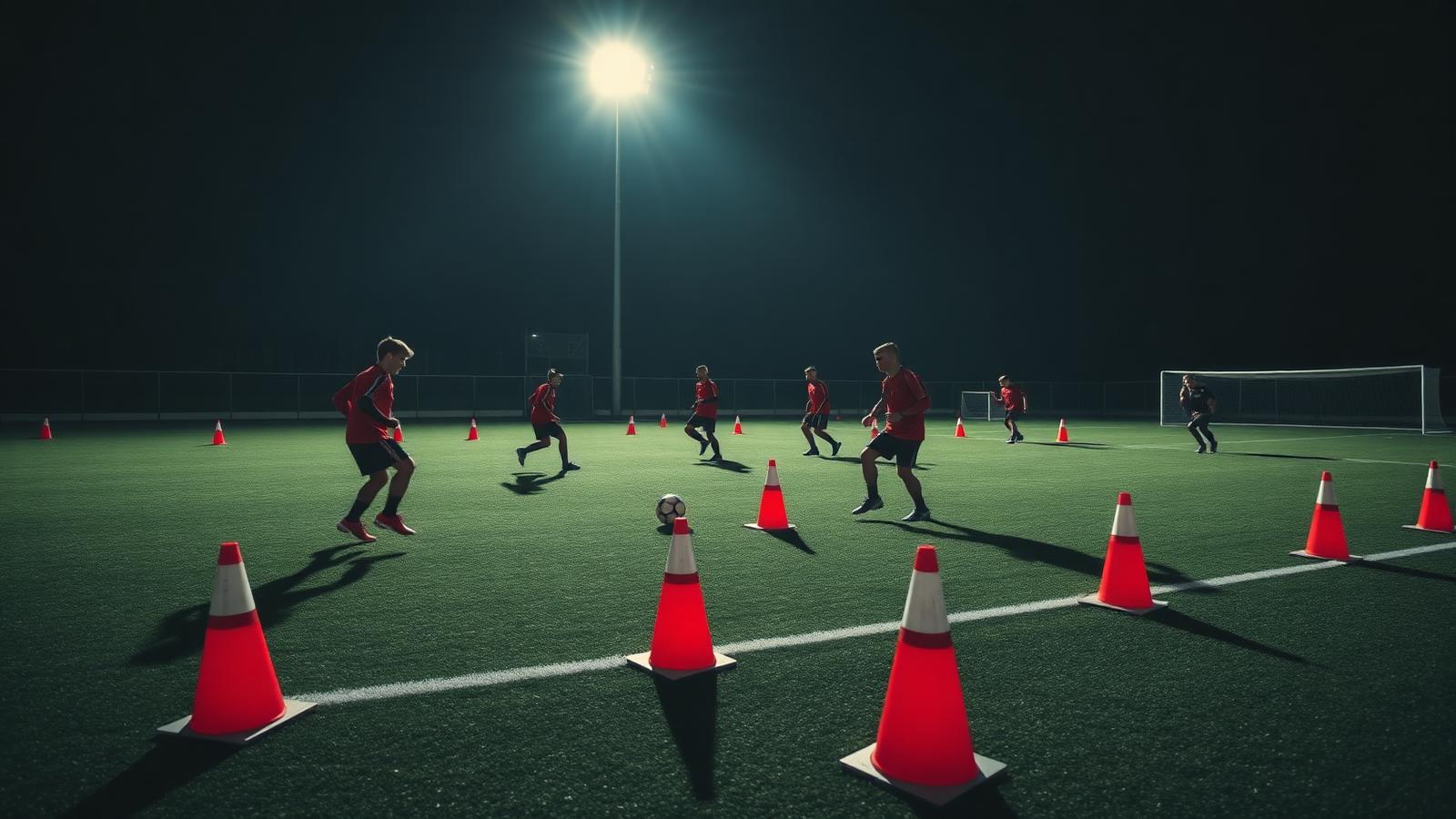 Players running drills on a floodlit training pitch